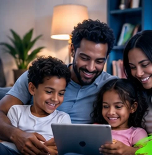 Familia viendo una tableta en la sala